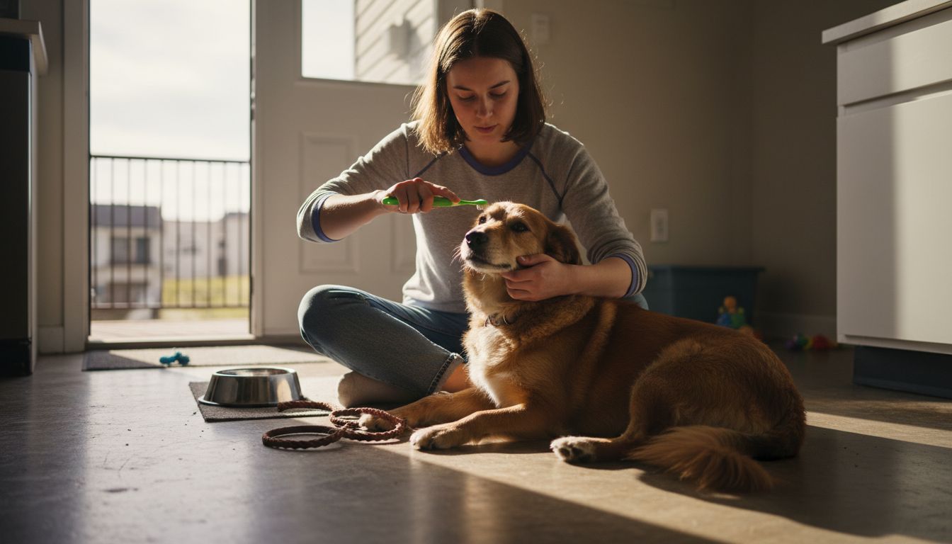 Vrouw poetst hond tanden op keukenvloer