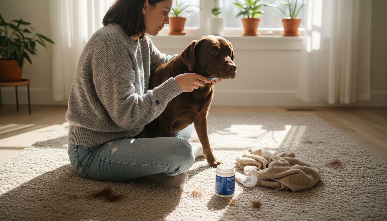 Vrouw poetst tanden van hond in woonkamer