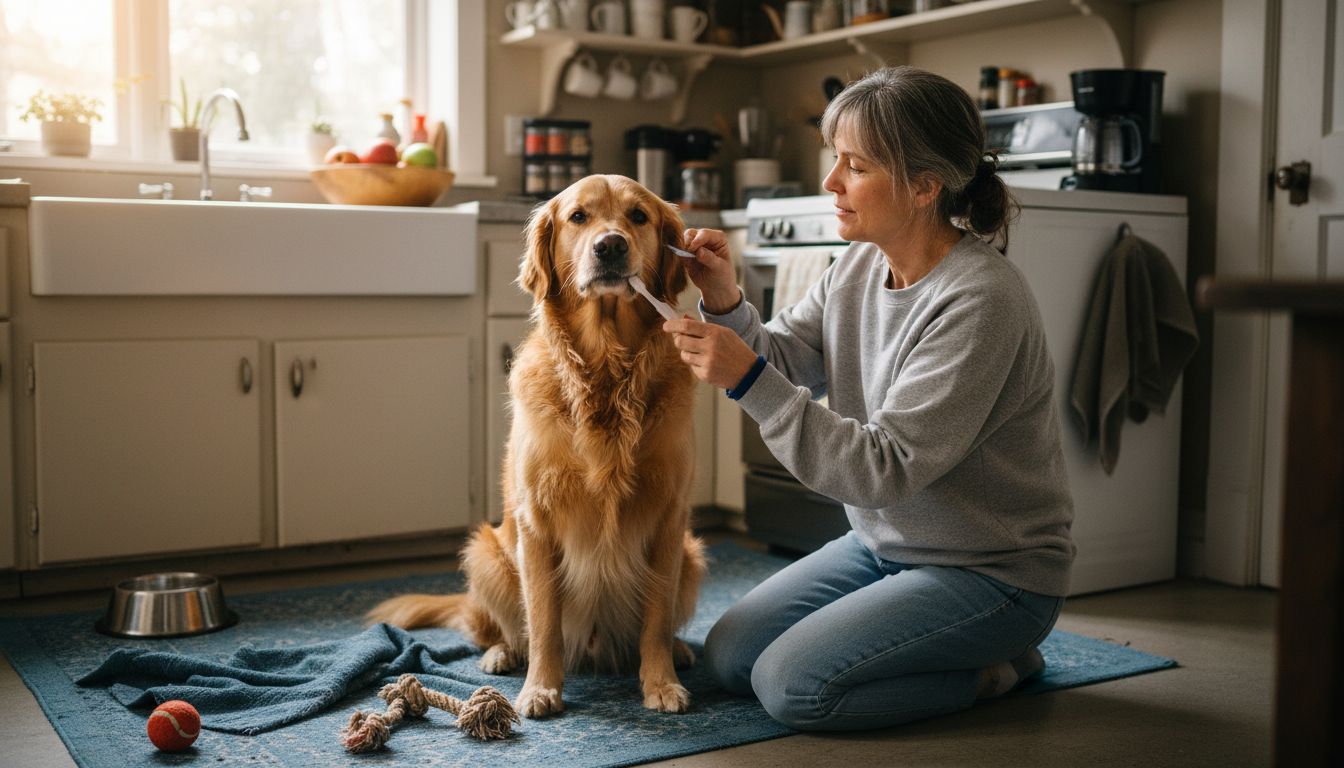 Vrouw poetst tanden van hond in huiselijke keuken