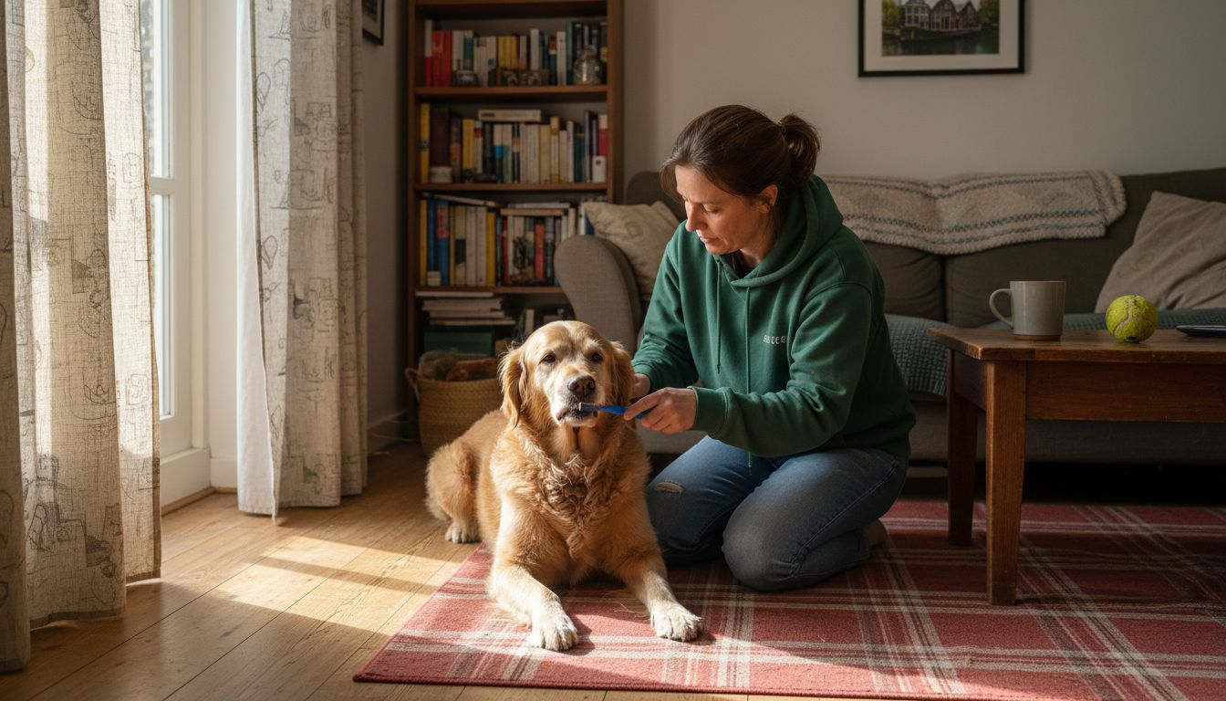 Baasje poetst de tanden van zijn golden retriever thuis