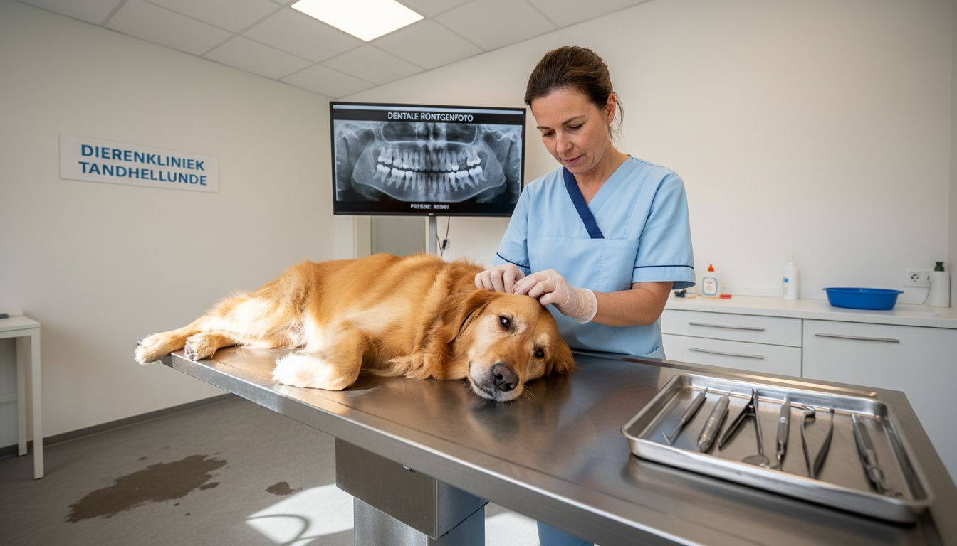 Een dierenarts maakt de tanden van een hond schoon tijdens een behandeling in de praktijk.