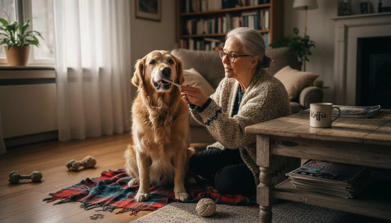 Een oudere dame poetst zorgvuldig de tanden van haar bejaarde hond.