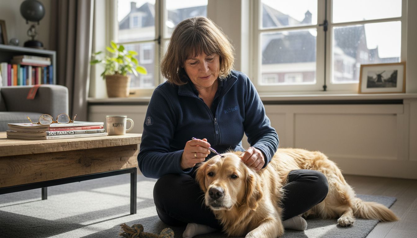 In de woonkamer poetst een vrouw rustig de tanden van haar hond.