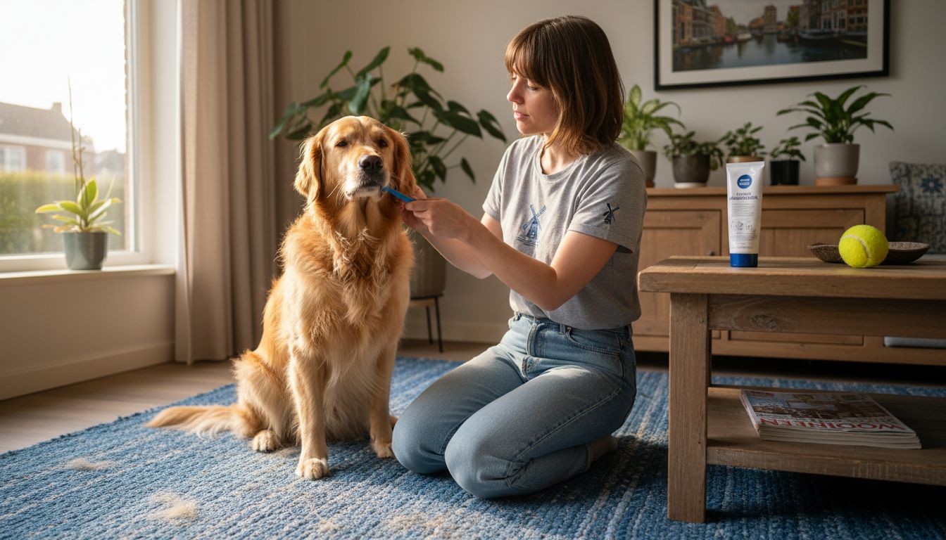 Een baasje poetst thuis de tanden van zijn golden retriever.