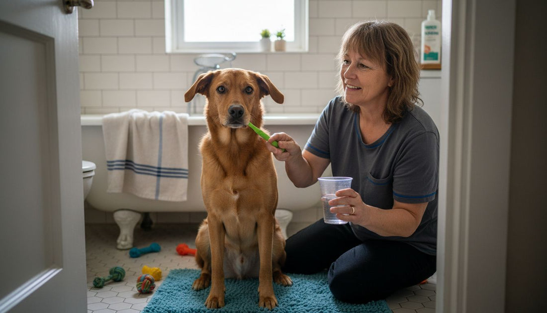 Een baasje poetst de tanden van zijn hond in de badkamer.