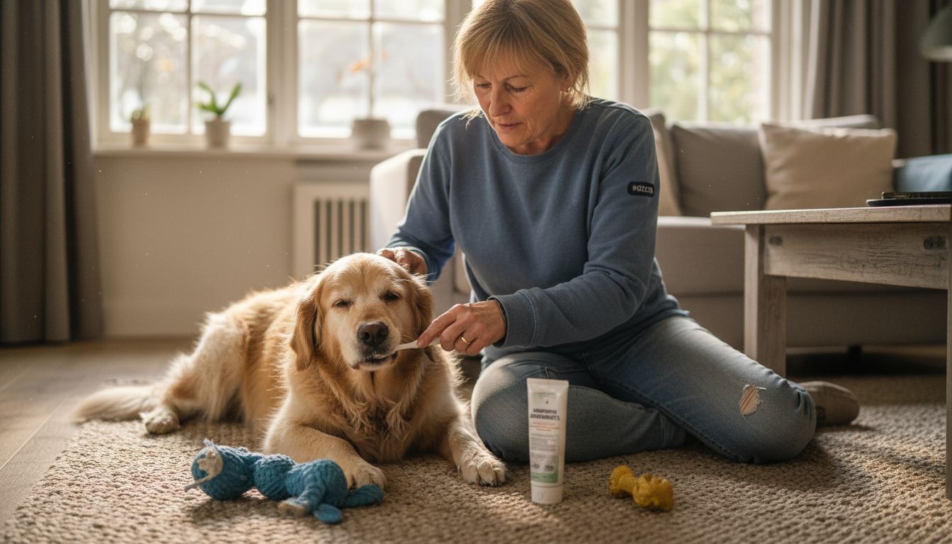 In de woonkamer poetst het baasje de tanden van zijn golden retriever.