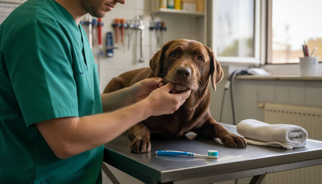 Een dierenarts inspecteert het gebit van een hond op de behandeltafel.