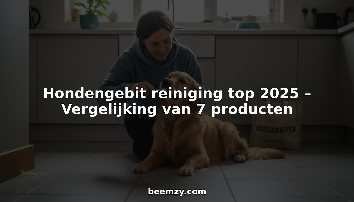Een vrouw poetst de tanden van haar golden retriever in de keuken.
