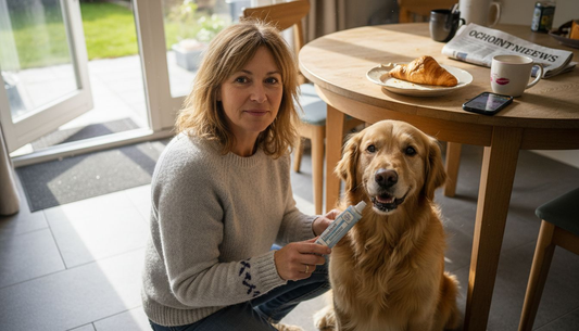 In de keuken poetst het baasje de tanden van zijn golden retriever.