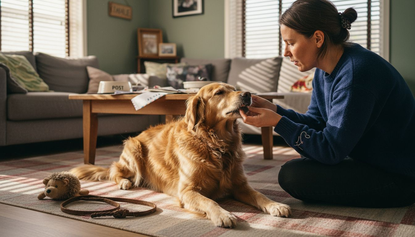Baasje controleert of de hond last heeft van een slechte adem.