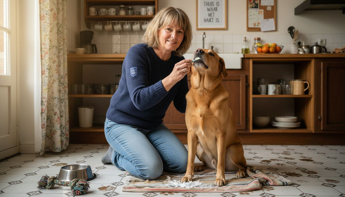 Een baasje dat de tanden van zijn hond poetst aan het aanrecht in de keuken.