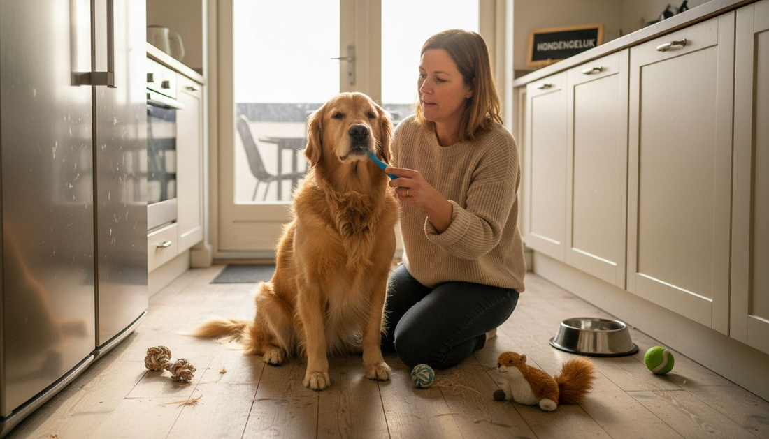 In de keuken staat een vrouw rustig de tanden van haar golden retriever te poetsen.