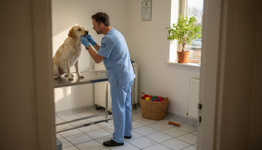 De dierenarts bekijkt het gebit van de hond om te controleren of alles in orde is.