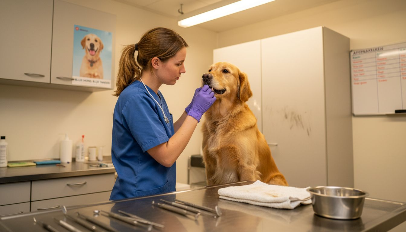 Een dierenarts controleert het gebit van een golden retriever tijdens het spreekuur.