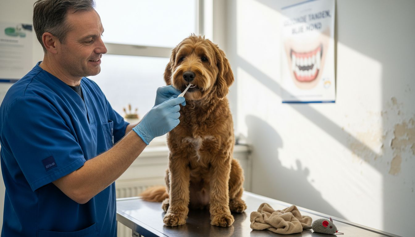 Een dierenarts maakt de tanden van een hond schoon terwijl het dier op de behandeltafel ligt.