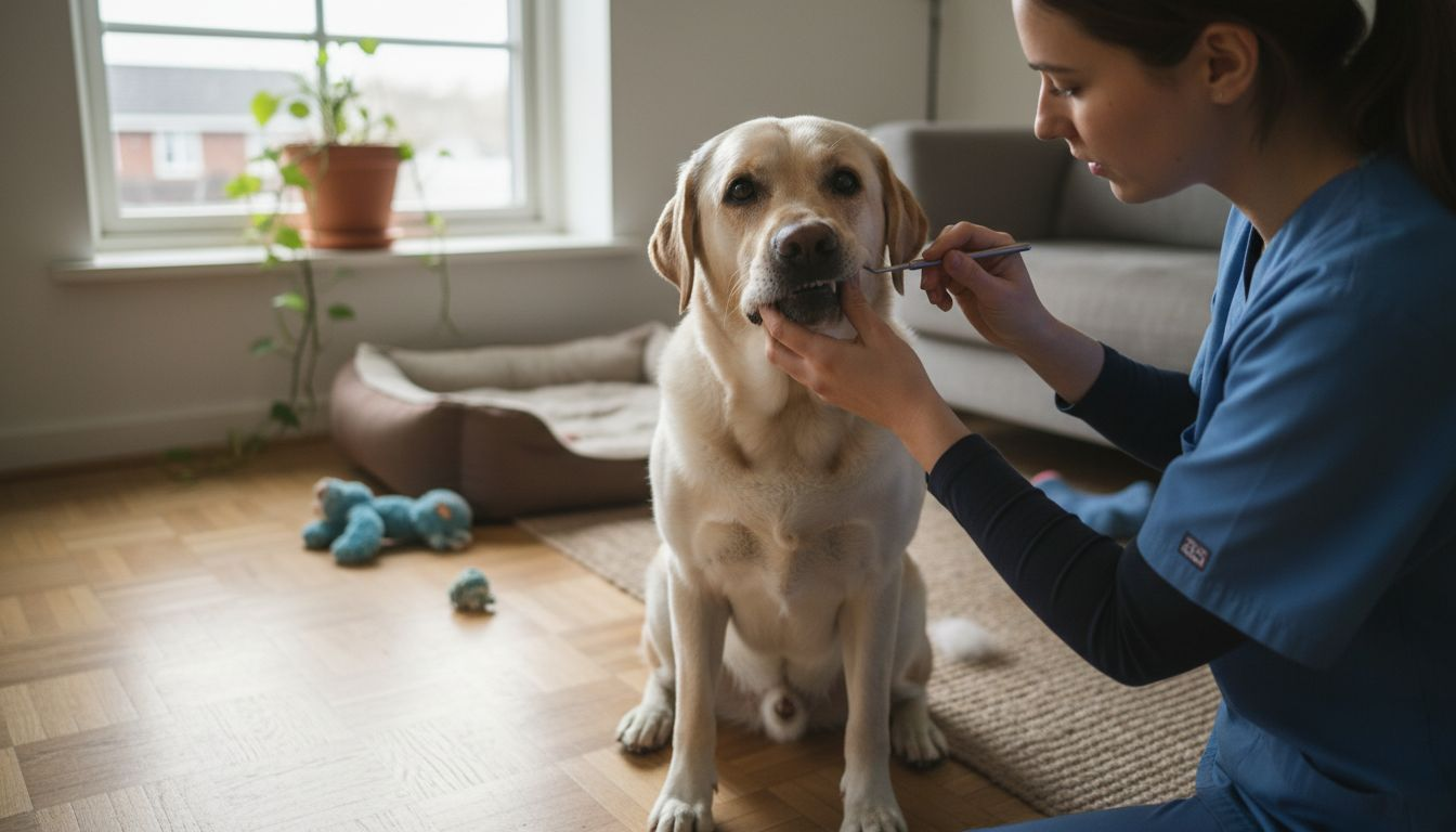 Een dierenarts bekijkt het gebit van een hond, gewoon bij mensen thuis in de woonkamer.