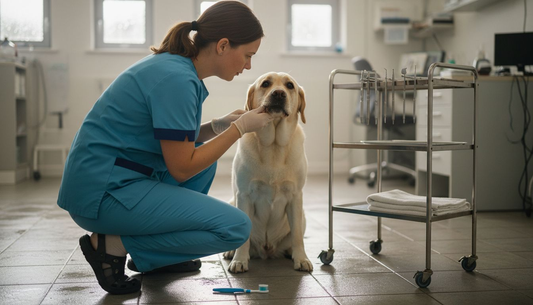 Bij de dierenarts krijgt een hond een gebitscontrole in de praktijk.