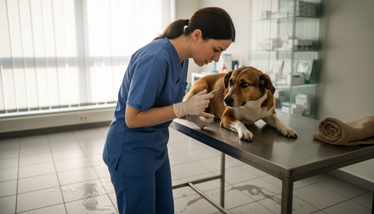 De dierenarts geeft een gebitsreiniging bij een hond in de behandelkamer.