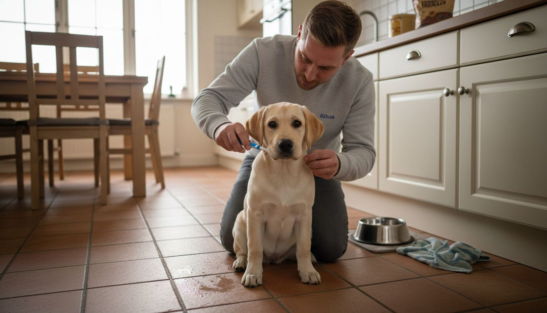 Baasje poetst het gebit van jonge hond