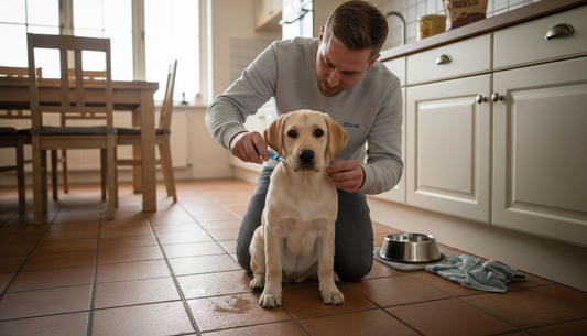 Baasje poetst het gebit van jonge hond