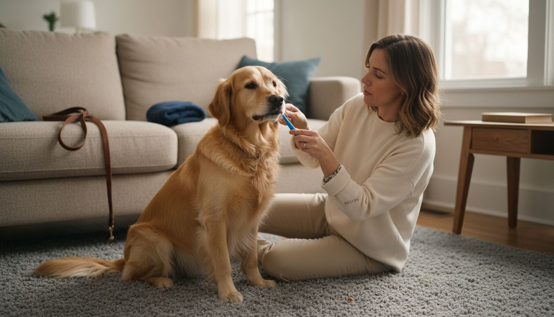 In de woonkamer geeft een vrouw haar hond een flinke poetsbeurt aan z’n tanden.
