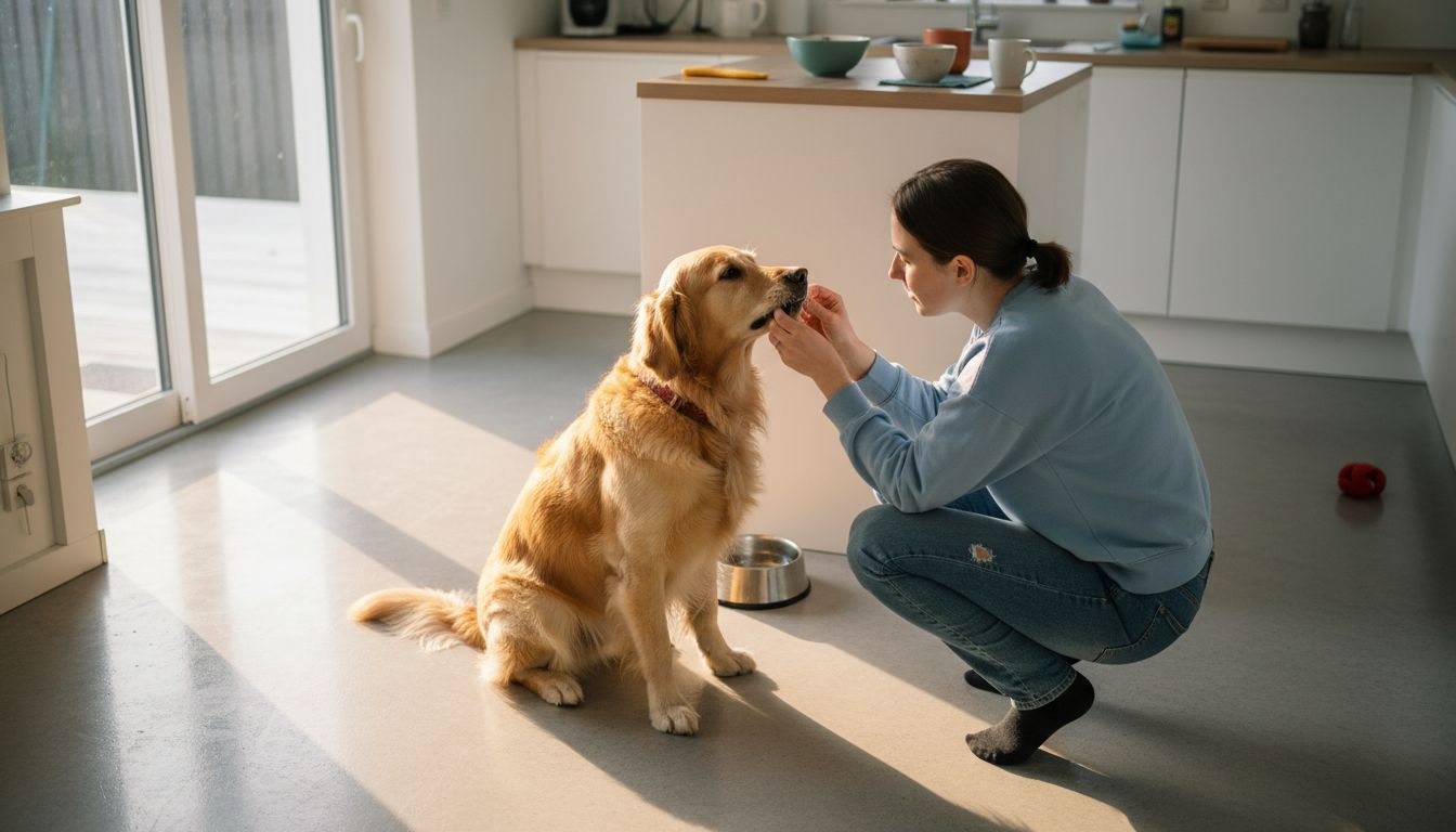 Baasje controleert het gebit van zijn hond