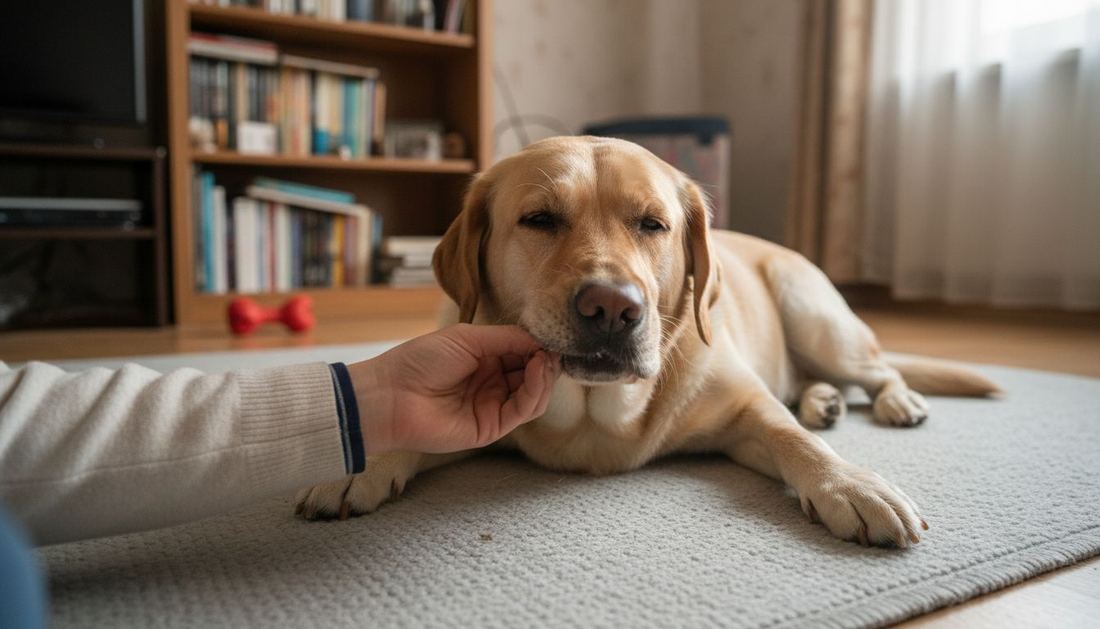 Baasje controleert het tandvlees van zijn hond gewoon thuis in de woonkamer.