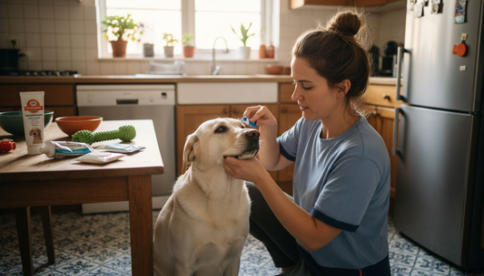 In de keuken poetst het baasje de tanden van de hond.