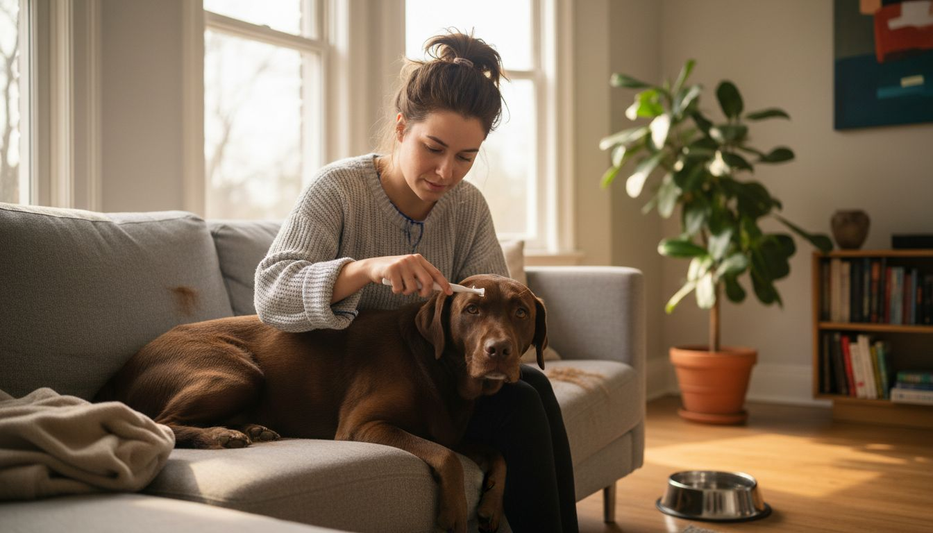 Vrouw maakt het gebit van haar hond schoon in de woonkamer
