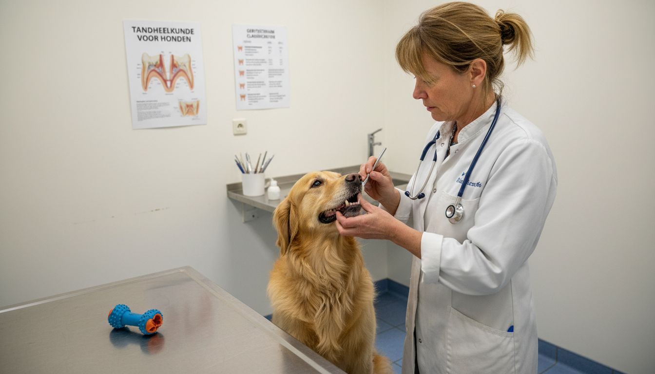 De dierenarts bekijkt het gebit van een hond tijdens een consult in de praktijk.