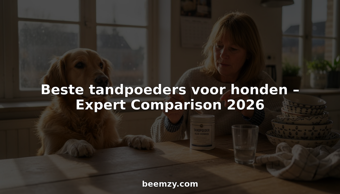 Een golden retriever die gezellig aan de keukentafel zit terwijl zijn tanden worden verzorgd met tandpoeder.