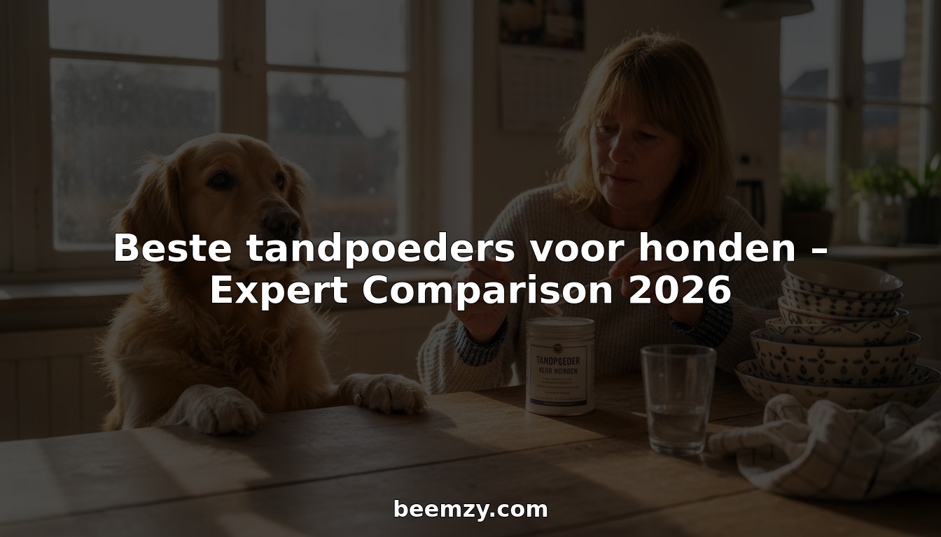 Een golden retriever die gezellig aan de keukentafel zit terwijl zijn tanden worden verzorgd met tandpoeder.