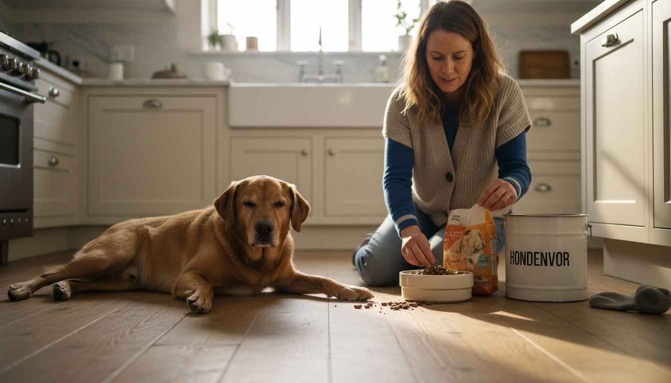 In de lichte keuken zit een hond geduldig te wachten tot zijn eten wordt geserveerd.