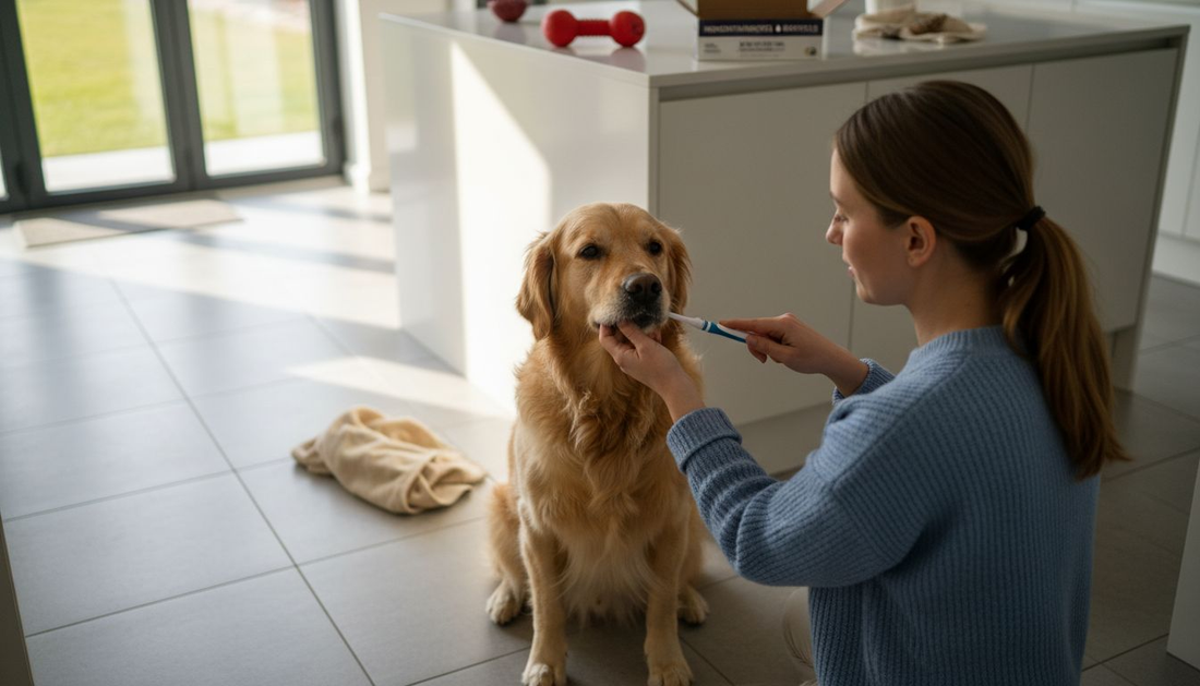 In de keuken maakt een vrouw de tanden van haar hond schoon.