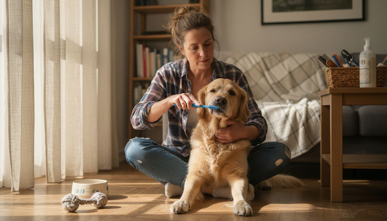 Een vrouw poetst thuis de tanden van haar golden retriever.