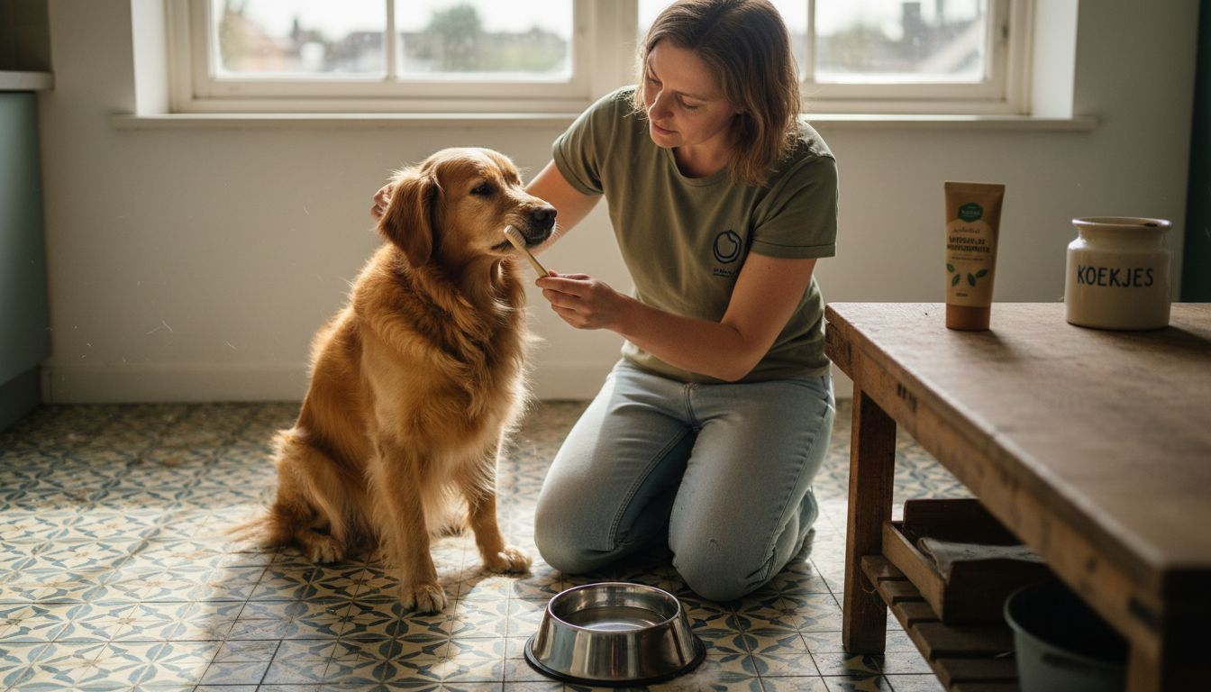 Een baasje dat thuis de tanden van zijn hond poetst.