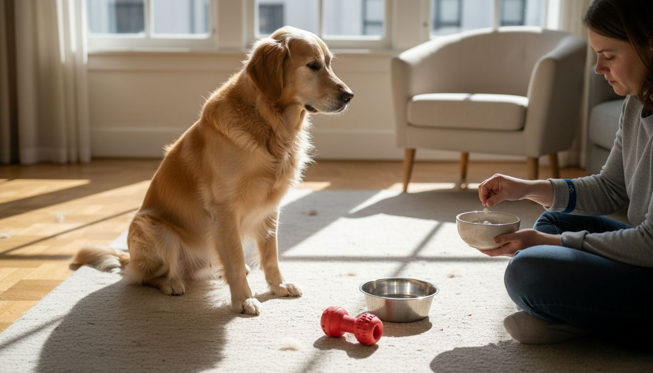 In de woonkamer krijgt de golden retriever een supplement voor zijn gebit.