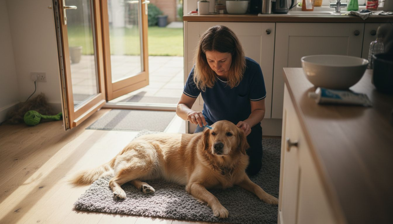 Op de keukenvloer neemt het baasje rustig de tijd om de tanden van zijn hond te poetsen.
