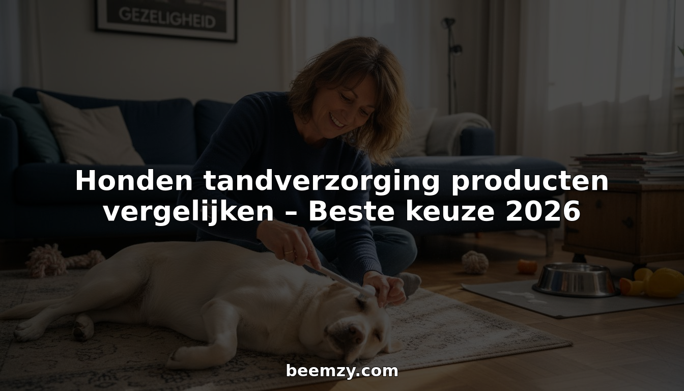 Een vrouw poetst thuis de tanden van haar hond.