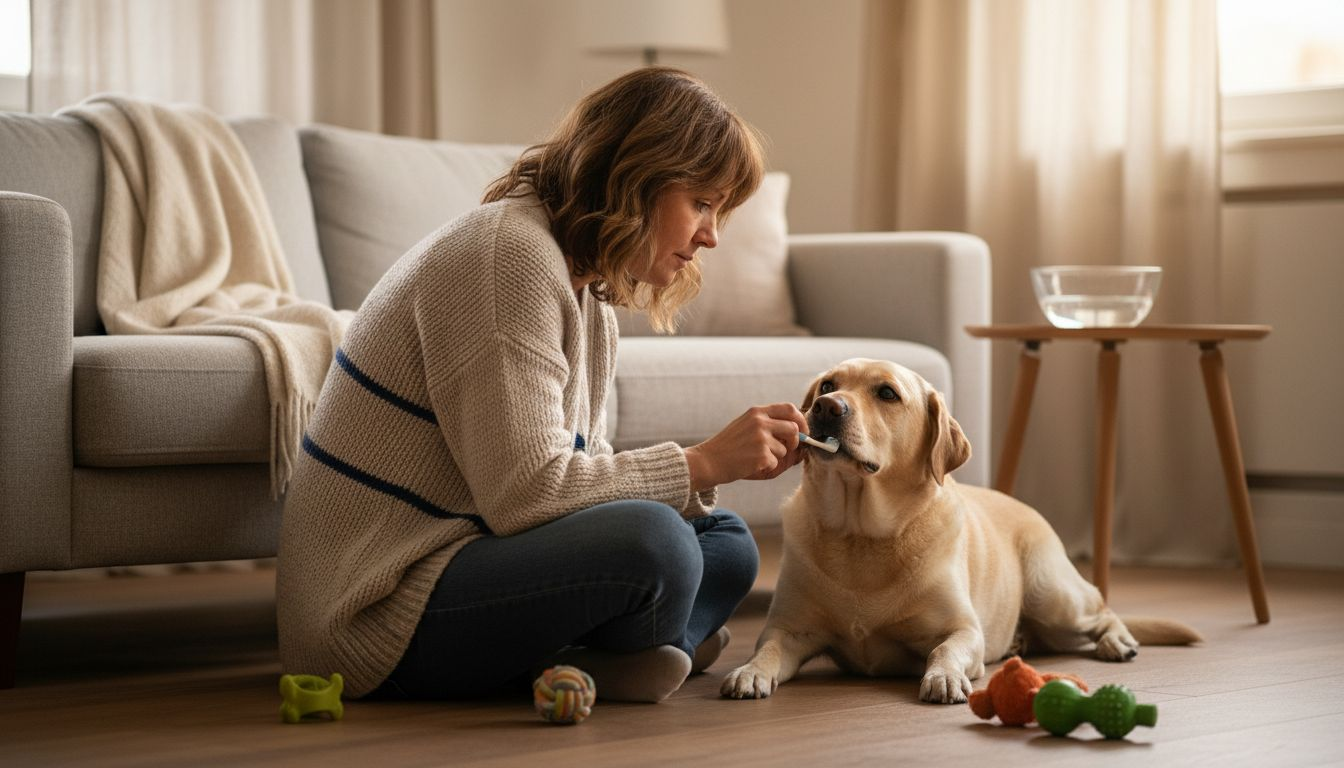 Een vrouw bekijkt het gebit van haar labrador in de huiskamer.