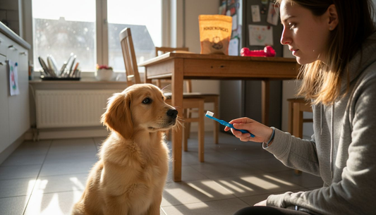 Een puppy staat samen met zijn baasje in de keuken, klaar om de tanden te poetsen.