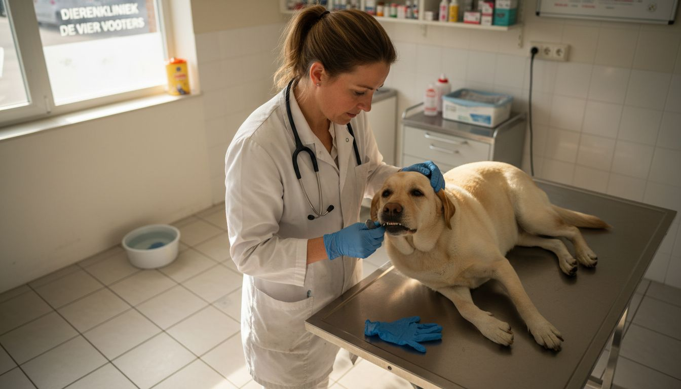 De dierenarts controleert het gebit van een hond in de behandelkamer.