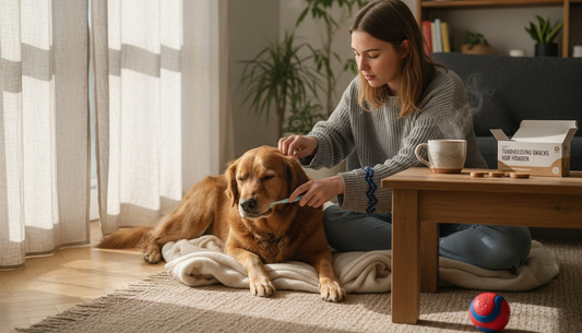 De baas poetst thuis de tanden van zijn hond.