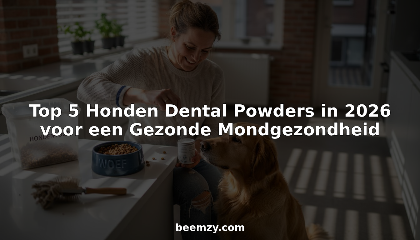 Een vrouw strooit tandpoeder over het voer van haar golden retriever.