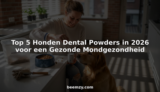 Een vrouw strooit tandpoeder over het voer van haar golden retriever.