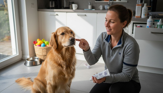De hond wordt klaargemaakt voor een poetsbeurt van het gebit.