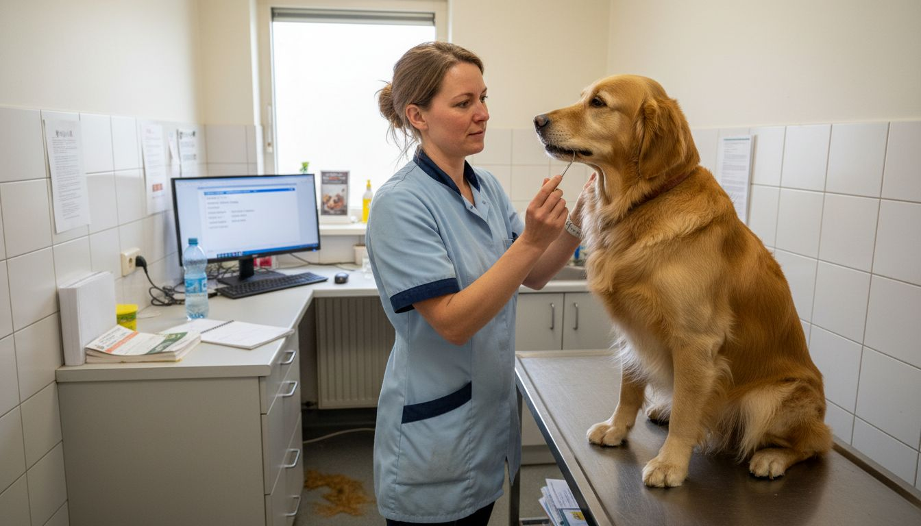Een hond krijgt een gebitscontrole bij de dierenarts.