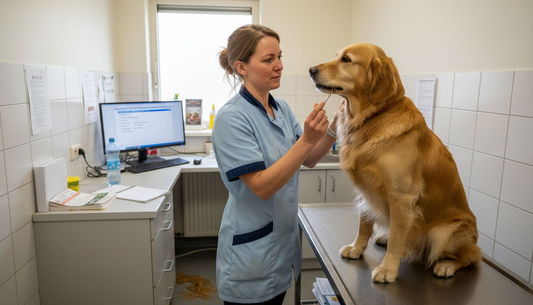 Een hond krijgt een gebitscontrole bij de dierenarts.