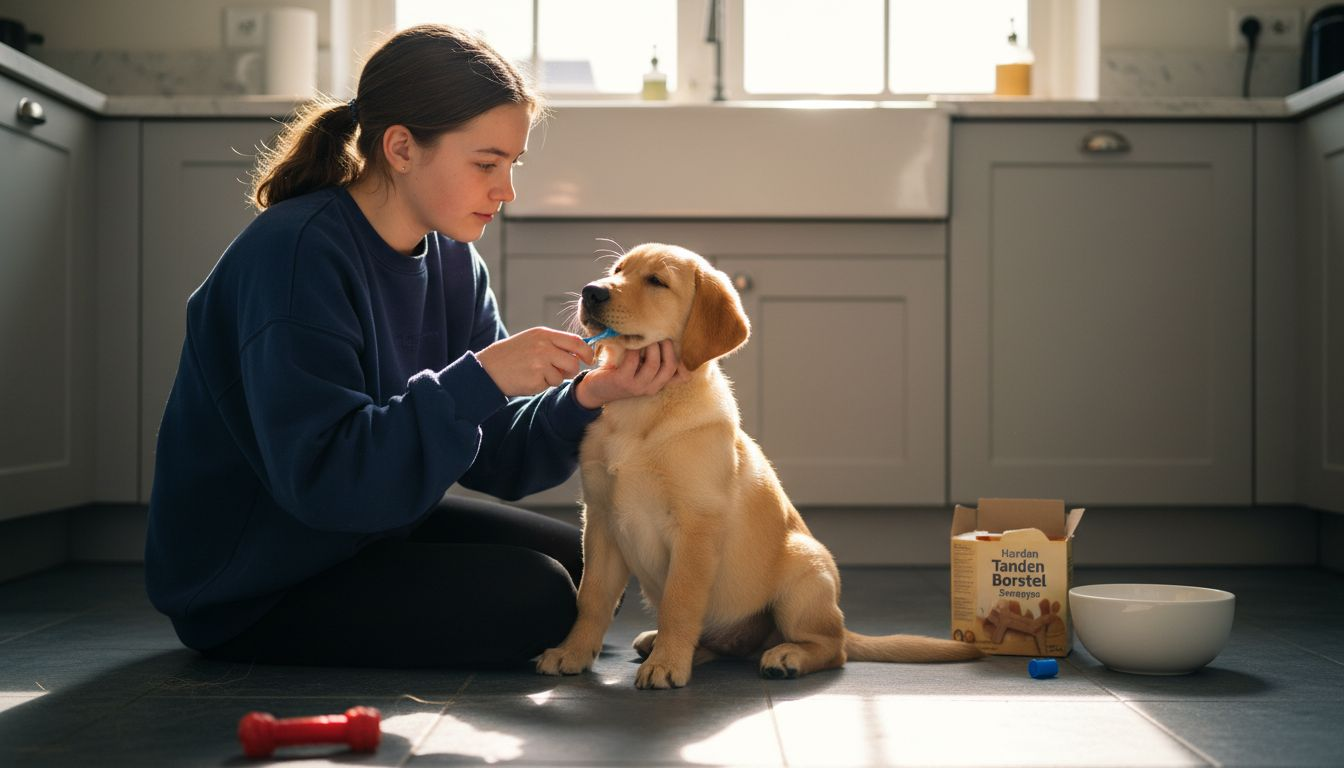 Een pup die door zijn baasje zijn tandjes gepoetst krijgt.