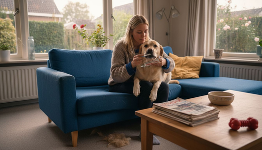 In de woonkamer geeft een vrouw haar hond een poetsbeurt aan zijn tanden.
